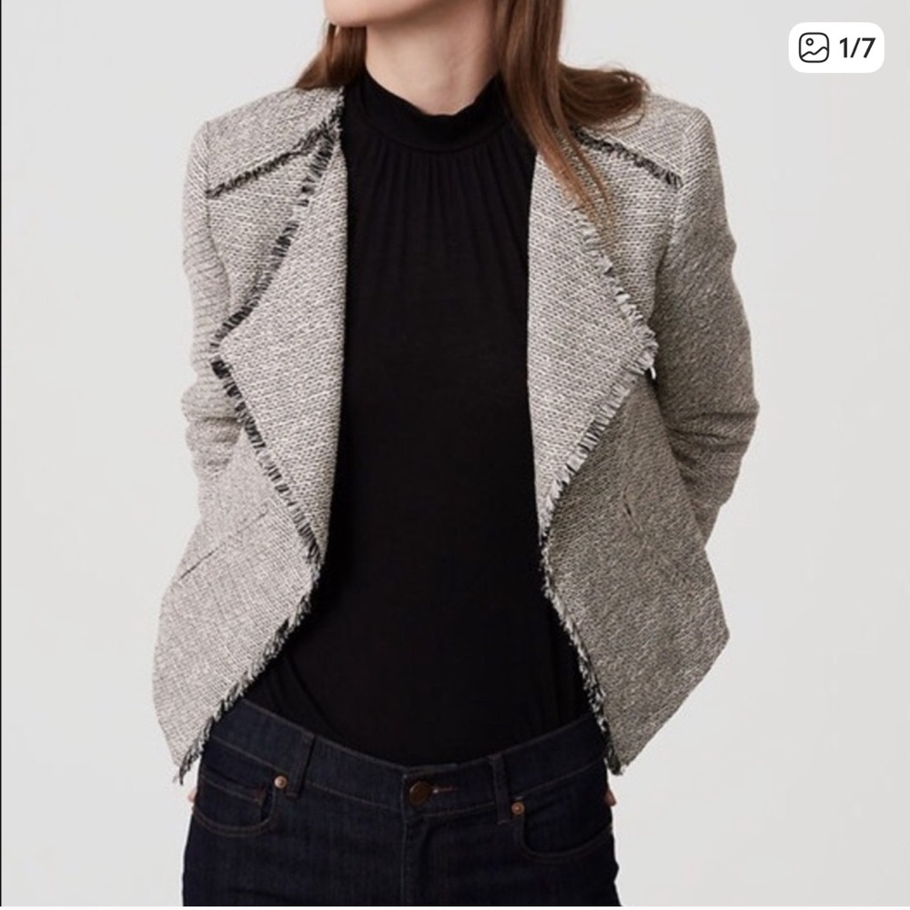 New with Tags LOFT Black and White Fringe Tweed Open Blazer - Picture 1 of 10